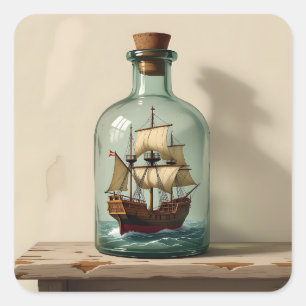 Sticker Carré Bateau vintage dans une bouteille d'antiquité