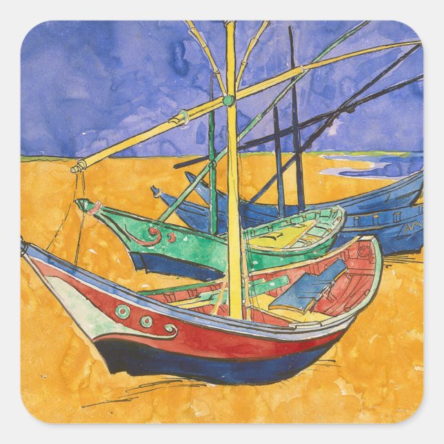 Sticker Carré Bateaux de Van Gogh Impressionnisme Plage (Devant)