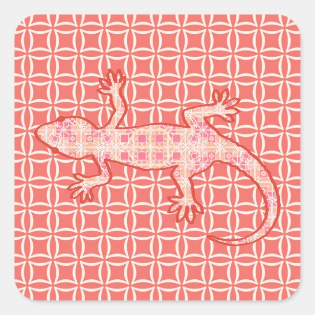 Sticker Carré Batik tribal Gecko - corail rose et crème (Devant)