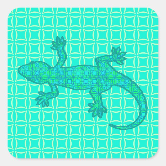 Sticker Carré Batik tribal Gecko - turquoise / paon (Devant)