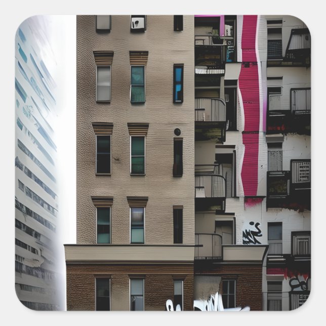 Sticker Carré Bâtiments urbains abandonnés avec graffiti (Devant)