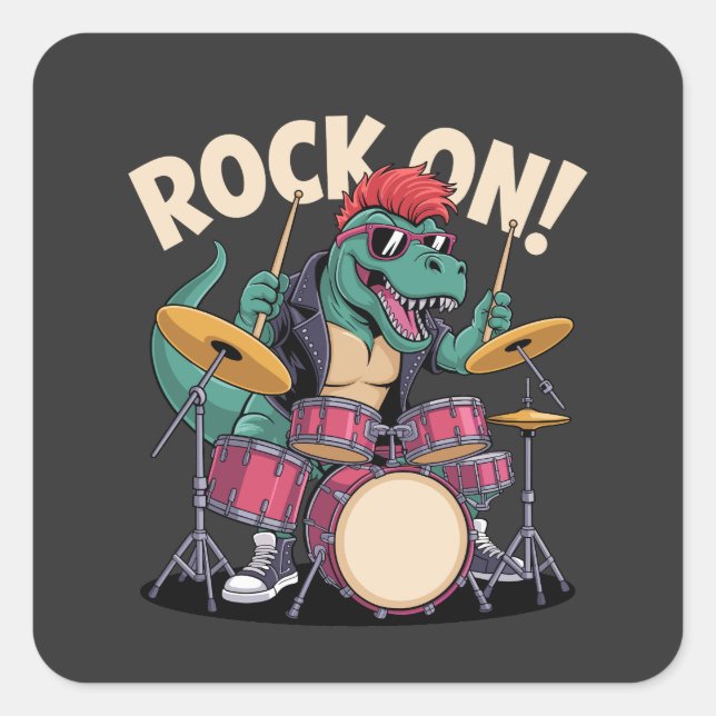 Sticker Carré Batteur de dinosaure T-Rex Rock Punk - Percussion (Devant)