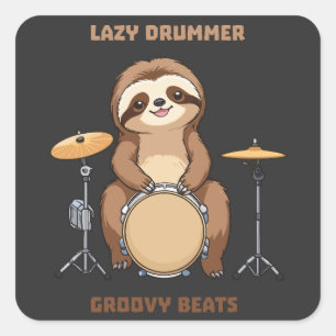 Sticker Carré Batteur Sloth - Batterie Super Lazy Drummer