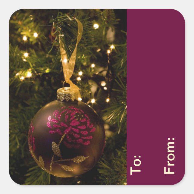 Sticker Carré Bauble de Noël violet et bordeaux Tags cadeaux (Devant)