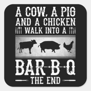 Sticker Carré BBQ Une Vache, Un Cochon Et Un Poulet Se Promener