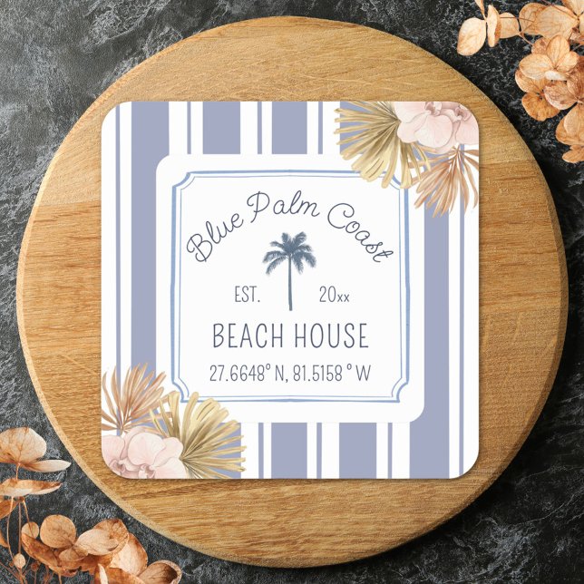 Sticker Carré Beach House Blue Stripes Côte Boho Ferme (Close up)