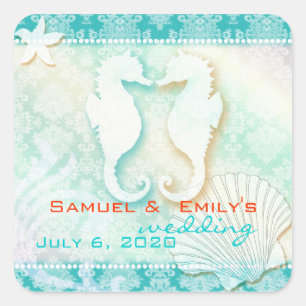 Sticker Carré Beach Seahorse Aqua Wedding Enregistrer la date