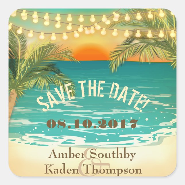 Sticker Carré Beach Sunset Wedding Enregistrer la date (Devant)