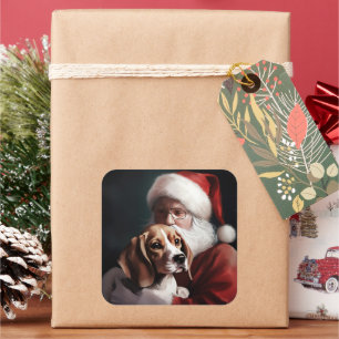 Sticker Carré Beagle avec le Père Noël Festif Noël