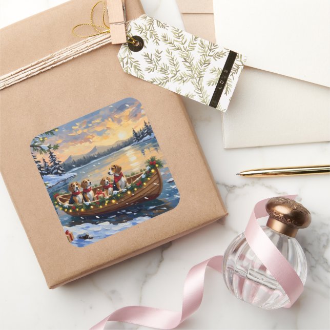 Sticker Carré Beagle Christmas Boat Holiday (Cadeaux)