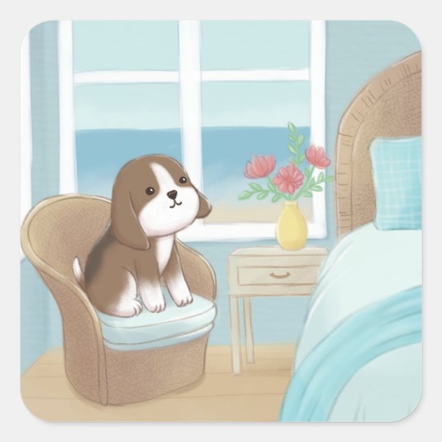 Sticker Carré Beagle dans la chambre Illustration (Devant)