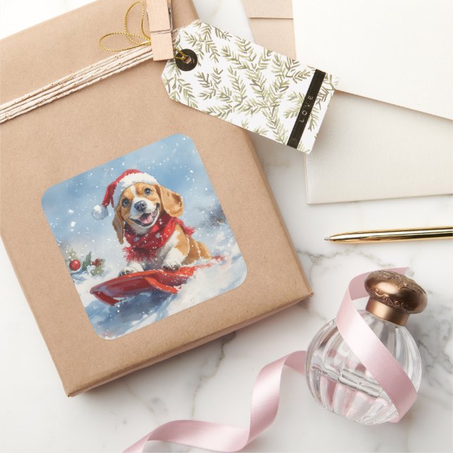 Sticker Carré Beagle Dog in Sledge Let it Snow Christmas (Cadeaux)