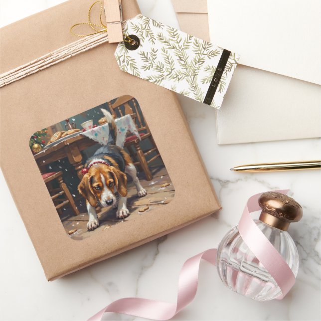 Sticker Carré Beagle Dog Tracking Gingerbread Christmas Fun Art (Cadeaux)