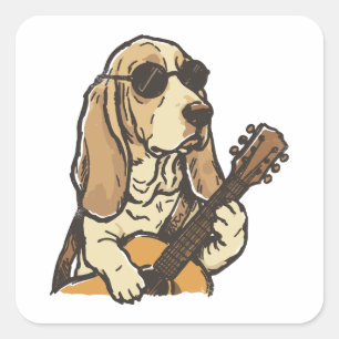Sticker Carré Beagle Hippy Jouant de la Guitare