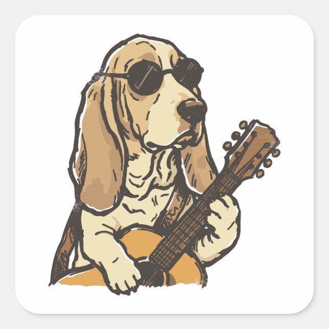 Sticker Carré Beagle Hippy Jouant de la Guitare  (Devant)