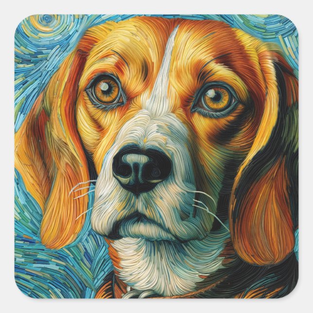 Sticker Carré Beagle Van Gogh Style (Devant)