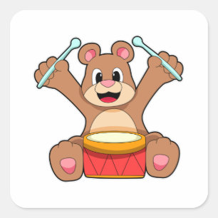 Sticker Carré Bear at Music with Drum