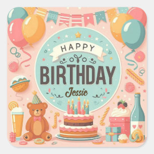Sticker Carré Bear en Teddy mignonne Pastel Rose heureux Anniver