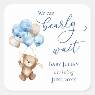 Sticker Carré Bearly Wait Blue Teddy Bear Baby shower