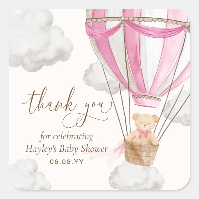 Sticker Carré Bearly Wait Teddy Ours Merci rose Baby shower (Devant)