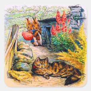 Sticker Carré Beatrix Potter - Des lapins regardent le chat