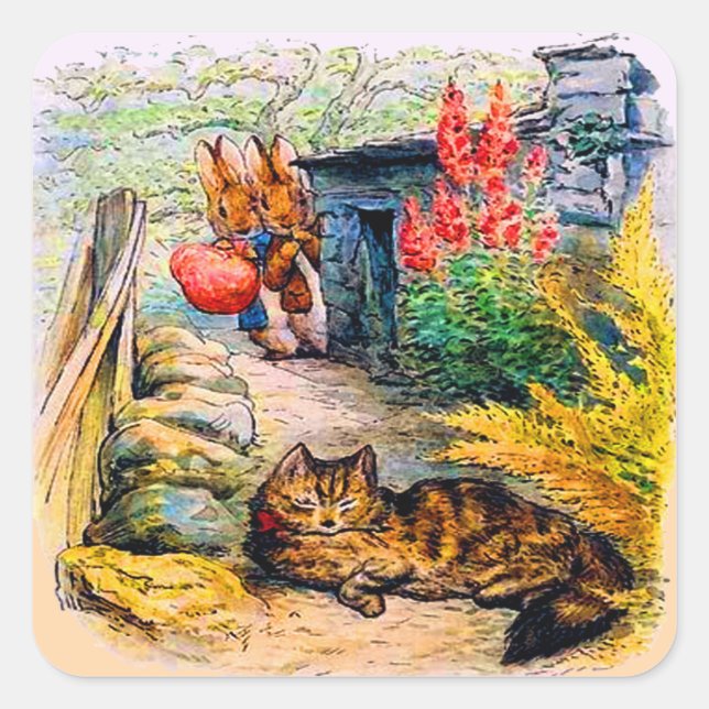 Sticker Carré Beatrix Potter - Des lapins regardent le chat (Devant)