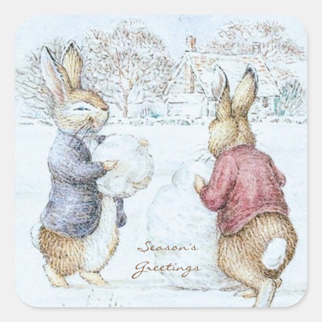 Sticker Carré Beatrix Potter Snowman et Bunnies Holiday (Devant)