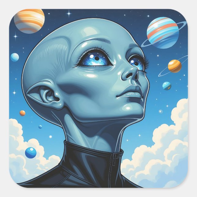 Sticker Carré Beau Alien extra-terrestre Être (Devant)