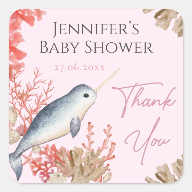 Sticker Carré Beau bébé Narwhal coquillage Baby shower Merci (Devant)