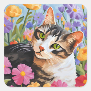 Sticker Carré Beau chat avec fleurs
