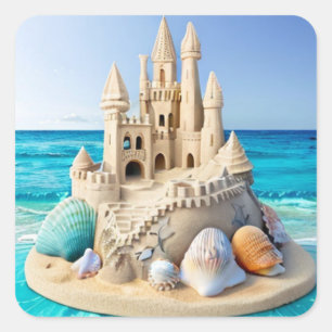 Sticker Carré Beau château de sable sur une jolie plage bleue