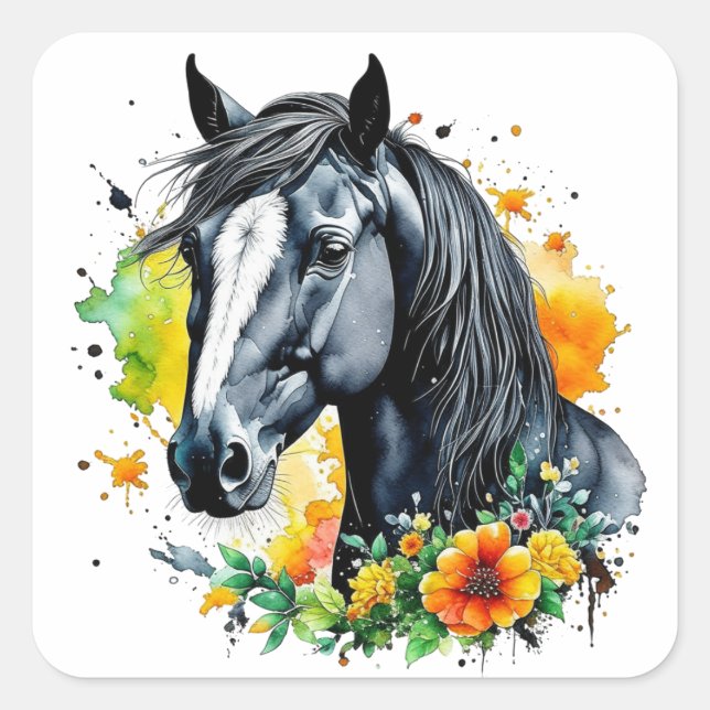 Sticker Carré Beau Cheval Noir Entouré de Fleurs Jaunes (Devant)