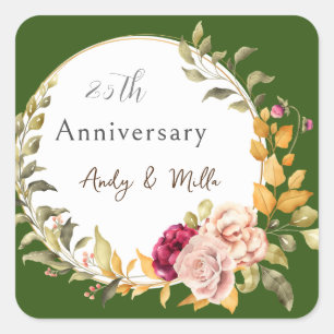 Sticker Carré Beau Fleur Wreath Green Mariage Anniversaire