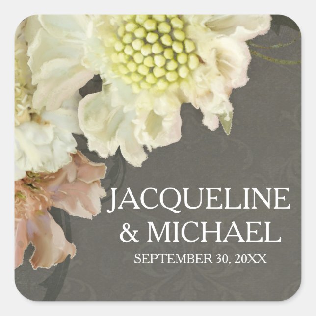 Sticker Carré Beau Joli Mariage Floral Moderne Gris (Devant)