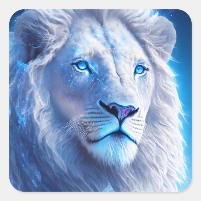 Sticker Carré Beau Lion blanc mystique aux yeux bleus (Devant)