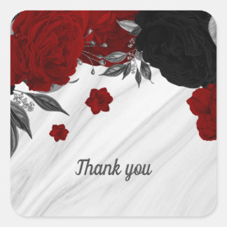 Sticker Carré Beau marbre noir & rouge fleurs