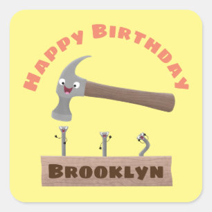 Sticker Carré Beau, marteau drôle et ongles dessin animé anniver