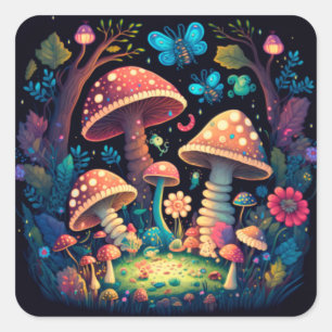 Sticker Carré Beau mignon champignons magiques
