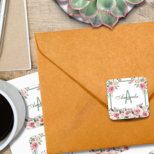 Sticker Carré Beau Monogramme Floral Design (Créateur téléchargé)