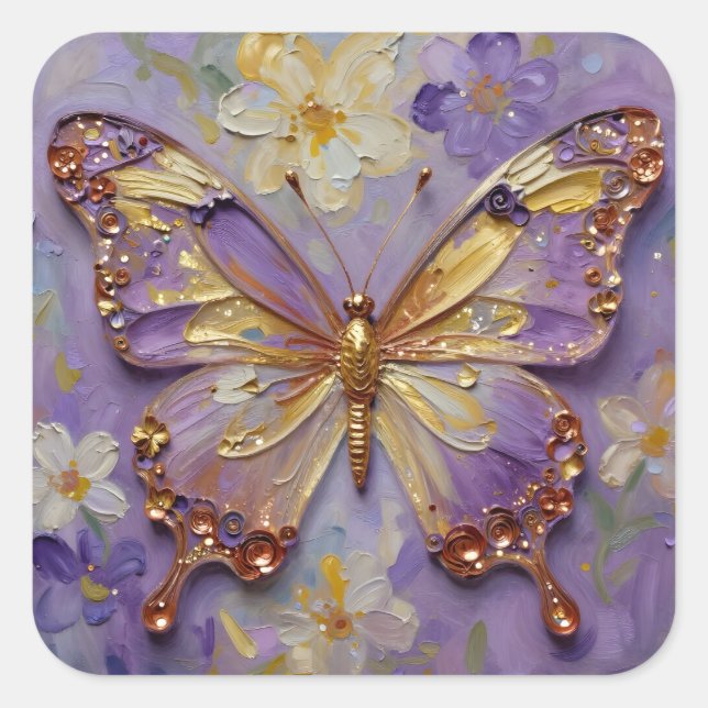 Sticker Carré Beau Papillon Violet et Fleurs (Devant)
