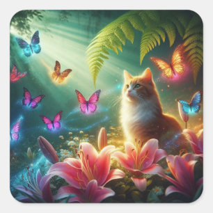 Sticker Carré Beau papillons rêvés & Chat