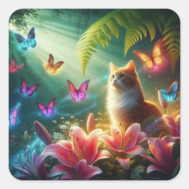 Sticker Carré Beau papillons rêvés & Chat (Devant)