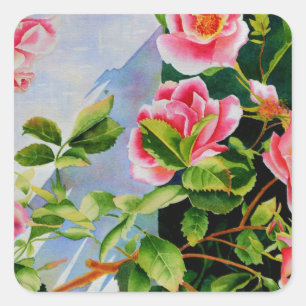 Sticker Carré Beau rose, roses rouges, aquarelle florale