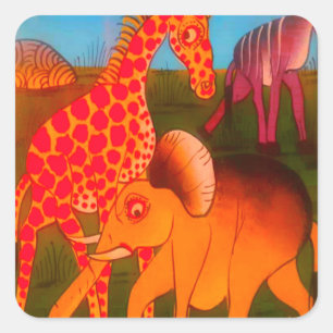 Sticker Carré Beau safari animal African Elephant Giraffe