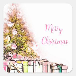 Sticker Carré Beau sapin de Noël avec des présents