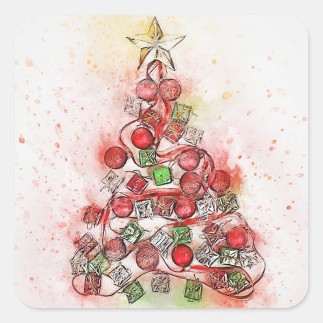 Sticker Carré Beau sapin de Noël décoré (Devant)