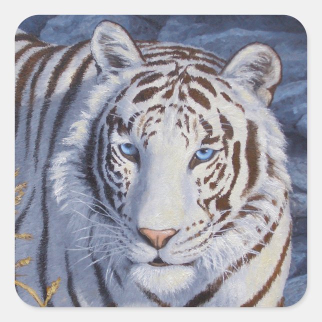 Sticker Carré Beau tigre blanc aux yeux bleu cristal (Devant)