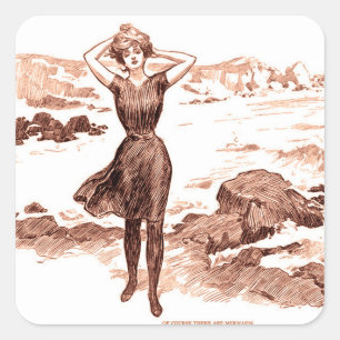 Sticker Carré Beauté de bain sirène de plage Gibson vintage