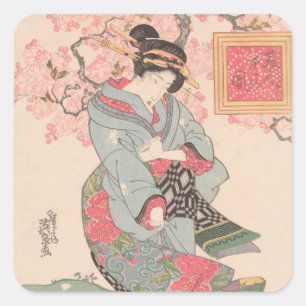 Sticker Carré Beautés sous les fleurs de cerisiers Vintage Ukiyo