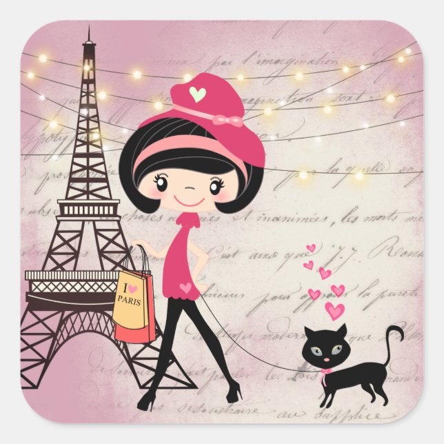 Sticker Carré Beautiful Girl and Cat à Paris Eiffel (Devant)